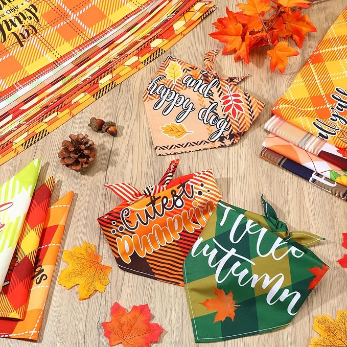 Sweetude 100 Pcs Fall Thanksgiving Plaid Dog Bandanas Bulk Thanksgiving Dog Scarf Bibs