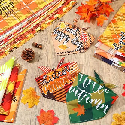Sweetude 100 Pcs Fall Thanksgiving Plaid Dog Bandanas Bulk Thanksgiving Dog Scarf Bibs