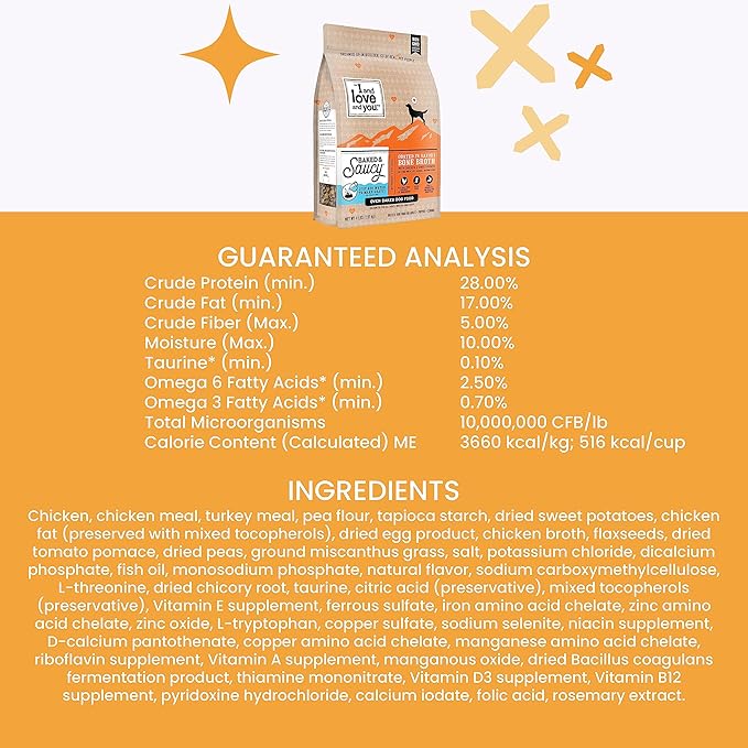 I AND LOVE AND YOU Baked and Saucy Dry Dog Food - Chicken + Sweet Potato - Prebiotic + Probiotic, Real Meat, Grain Free, No Fillers, 4lb Bag