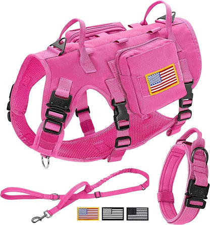 Forestpaw Pink Tactical Dog Harness for Large Dogs,Tactical Dog Collar with Bungee Leash Set,No Pull Military Dog Harness for Dog Walking Training,Adjustable for Medium Large Dogs,L