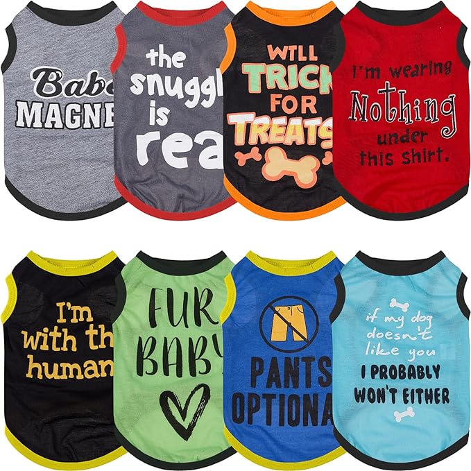 8 Pieces Dog Shirts Pet Printed Clothes with Funny Letters Summer Pet T Shirts Cool Puppy Shirts Breathable Dog Outfit Soft Dog Sweatshirt for Pet Dogs Cats (Classic Pattern