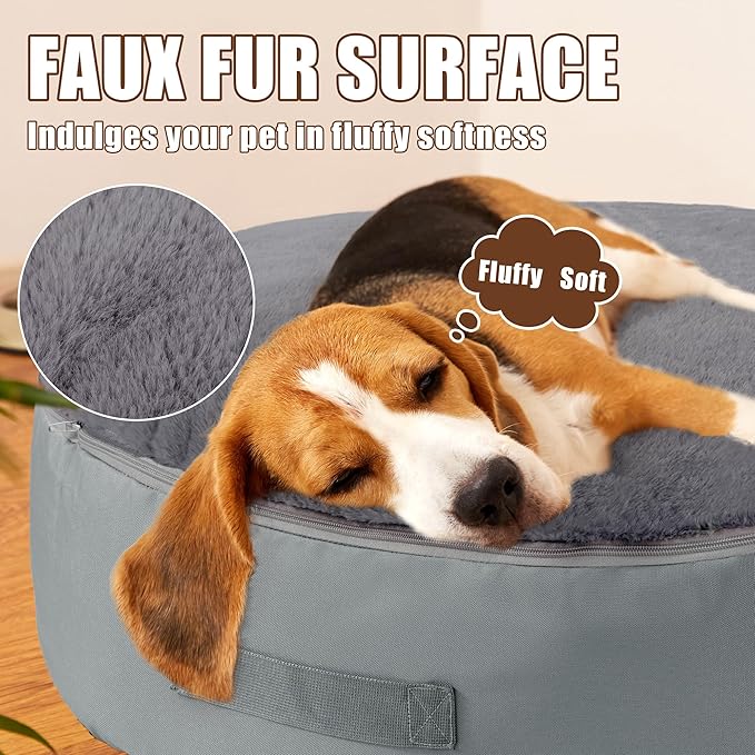 BALAPET Bean Bag Dog Bed Calming Dog Bed for Large Dogs with Removable Quilt Top & Washable Cover 30 inches Anti-Slip Round Fluffy Plush Dog Bed