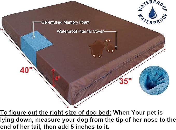 XL Orthopedic Waterproof Durable Dog Bed for Medium to Large Dogs with Cool Memory Foam Pad, Microsuede in Gray, 40"X35"X4"