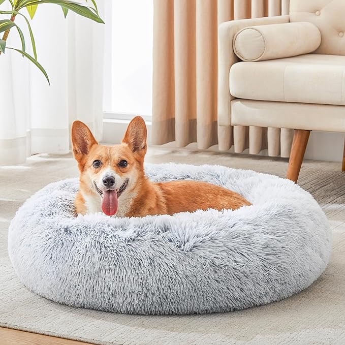 WESTERN HOME WH Calming Dog & Cat Bed, Anti-Anxiety Donut Cuddler Warming Cozy Soft Round Bed, Fluffy Faux Fur Plush Cushion Bed for Small Medium Dogs and Cats (20"/24"/27"/30")