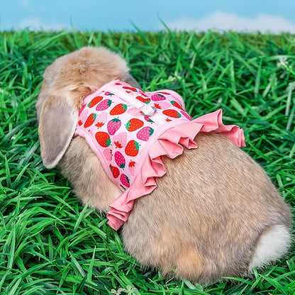 Rabbit Harness and Leash for Walking Escape Proof - Cute Strawberry Pattern Pink Mesh Breathable Bunny Vest Harness Outdoor Camping Hiking Training - Also Suit for Ferret Kitten Puppy Small Animals