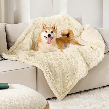 Bedsure Waterproof Dog Blankets for Large Dogs - Calming Cat Blanket for Couch Protector Washable, Long Faux Fur Pet Throw Blanket for Puppy, Reversible Furniture Protection, 40"x50", Cream