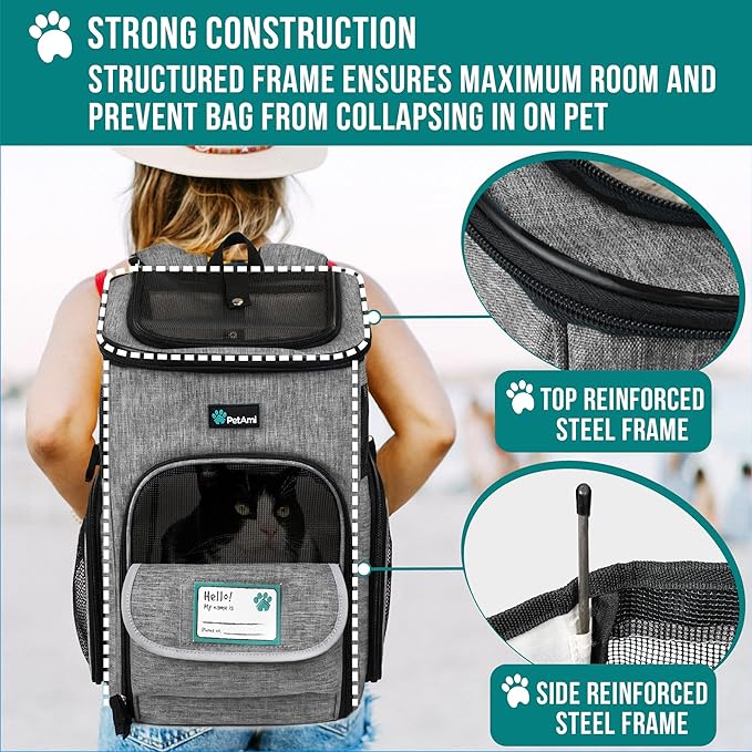 PetAmi Dog Backpack Carrier, Airline Approved Cat Backpacks for Carrying Small Large Cats, Pet Carrier Back Pack, Ventilated Soft Sided for Travel, Hiking, Camping, Max 18 lbs, Heather Gray