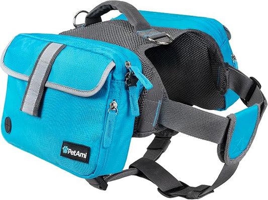 PetAmi Dog Backpack for Medium Large Dogs, Dog Saddle Bag for Dogs to Wear, Harness Saddlebag with Reflective Safety Side Pockets for Hiking, Camping, Vest Dog Pack for Travel (Blue, Medium)