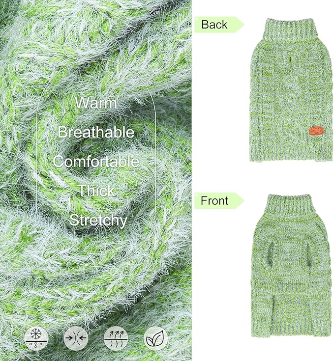 BEAUTYZOO Small Dog Sweater -Turtleneck Pullover Classic Cable Knit Fuzzy Winter Coat Dog Cold Weather Clothes for Small Medium Dogs Puppy Girl Boys,Green XS