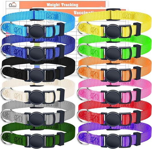 GAMUDA Small Pet Collars, Super Soft Nylon Puppy Collars, Adjustable Breakaway Litter Collars Pups, Assorted Colors Plain Whelping, Identification Collars with 2 Record Keeping Charts, Set of 12 (M)