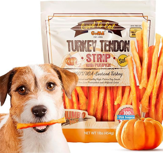 Gootoe Soft Turkey Tendon Dog Treat 1 lb (Pack of 1) – Soft Pumpkin Strip, 100% USA Sourced Turkey, Natural Snack, Hypoallergenic, Rawhide Free, Reseal Value Bag, Ideal for Small & Senior Dogs