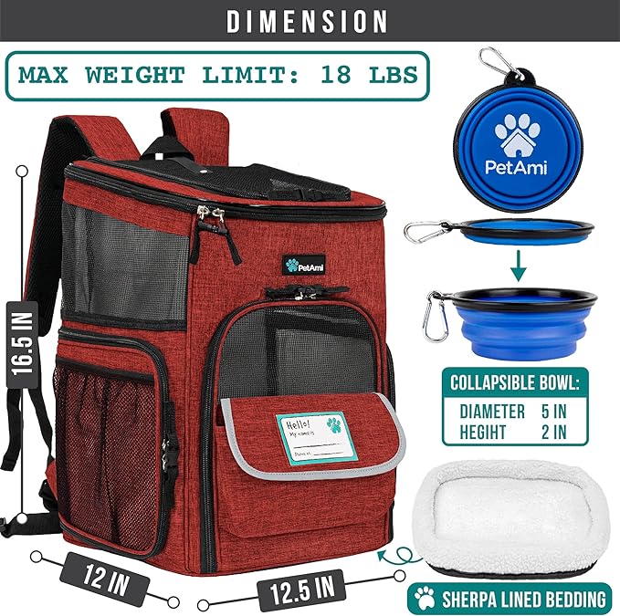 PetAmi Dog Backpack Carrier, Airline Approved Cat Backpacks for Carrying Small Large Cats, Pet Carrier Back Pack, Ventilated Soft Sided for Travel, Hiking, Camping, Max 18 lbs, Red