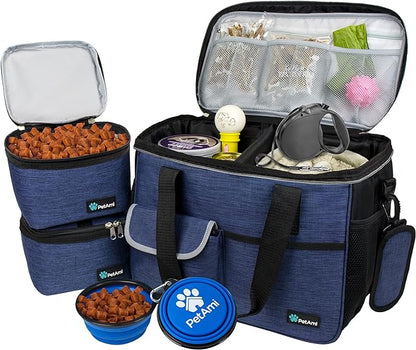 PetAmi Dog Travel Bag, Travel Pet Bag Organizer, Dog Food Travel Bag with Food Container and Bowls, Dog Travel Supplies Gift Accessories for Weekend Camping, Dog Cat Diaper Bag (Navy, Medium)