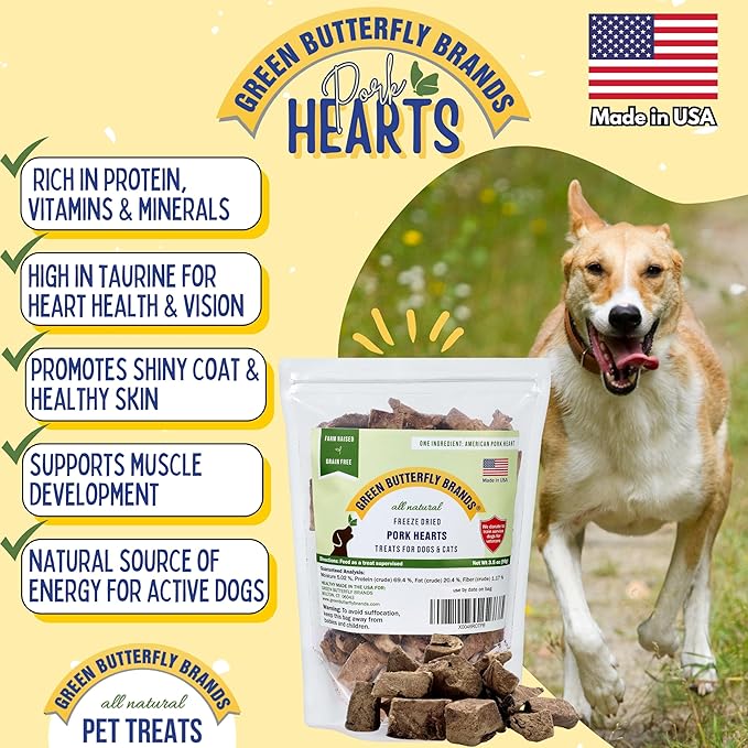 Freeze Dried Pork Heart Dog Treats Made in USA. All Natural Freeze-Dried Raw Snacks for Dogs and Cats. Single Ingredient. High Protein, Heart Health, Irresistible Training Treat