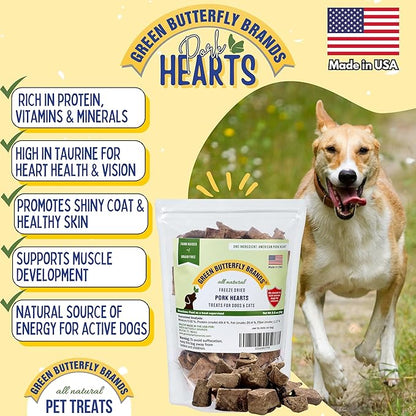 Freeze Dried Pork Heart Dog Treats Made in USA. All Natural Freeze-Dried Raw Snacks for Dogs and Cats. Single Ingredient. High Protein, Heart Health, Irresistible Training Treat