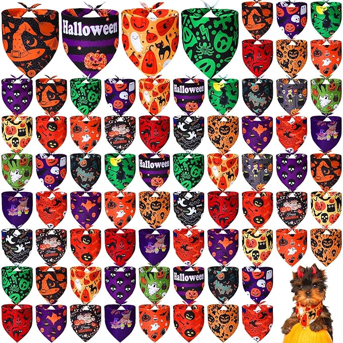 100 Pcs Halloween Dog Bandanas Bulk Pumpkin Black