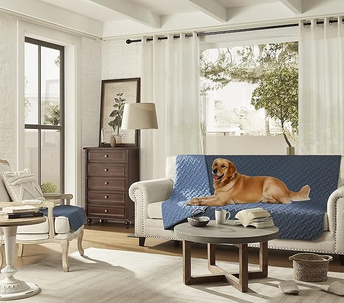 gogobunny 100% Double Sided Waterproof Dog Blanket Soft Pet Bed Cover Reversible Protect Furniture Couch Sofa Car for Puppy Cat Kids (Dark Blue/Light Blue 82x82 Inch 1))