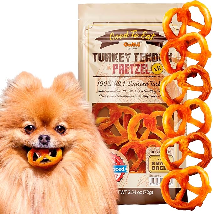 Gootoe Turkey Tendon Dog Treats – 100% USA-Sourced, Natural Snack, Premium Training Chews, Hypoallergenic, Reseal Value Bags, Size for Small Dogs, Pretzel (Small) 6 Unit/Pack