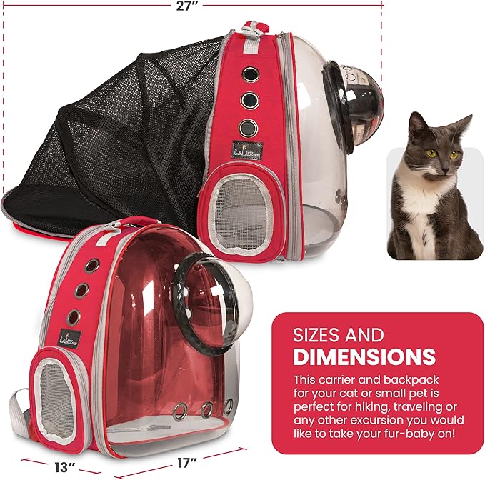 LaLuz2021 Cat Backpack Carrier Pet Bag- Expandable Tent Double Bubble Capsule Backpacks - Plush mat with Bonus Hook and Loop Fasterner and Built-in Leash Clip - Red