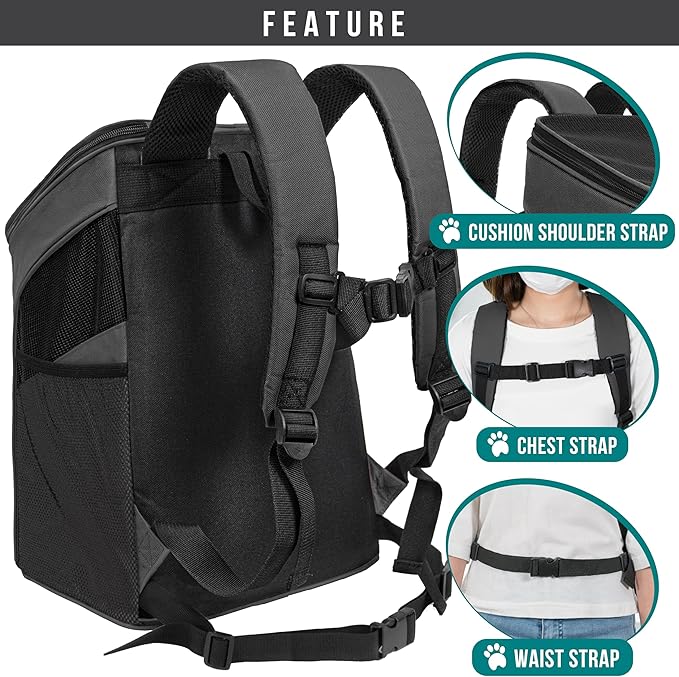 PetAmi Small Dogs and Cat Backpack Carrier, Airline Approved Pet Backpack Carrier, Ventilated, Safety Strap, Buckle Support Designed for Hiking Travel Camping Outdoor, Max 18 lbs (Gray)