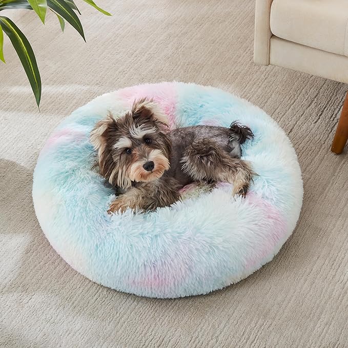 WESTERN HOME WH Calming Dog & Cat Bed, Anti-Anxiety Donut Cuddler Warming Cozy Soft Round Bed, Fluffy Faux Fur Plush Cushion Bed for Small Medium Dogs and Cats (20"/24"/27"/30")