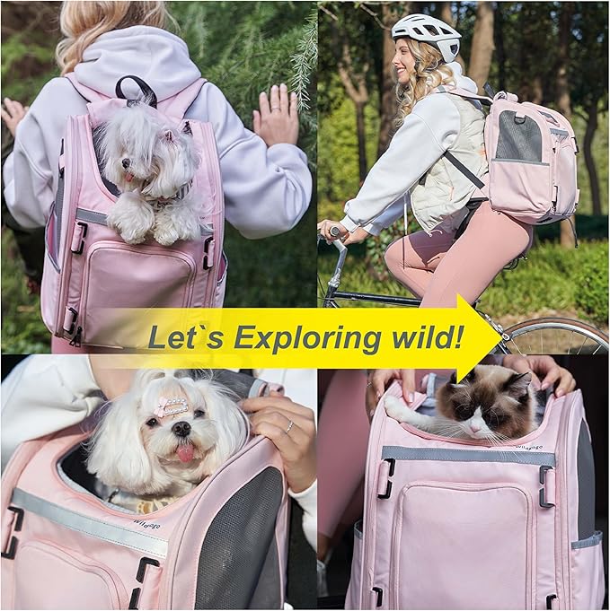 Expandable Pet Carrier, Airline-Approved Foldable and Detachable Backpack, Fits up to 13lbs Cat & 11lbs Small Medium Puppy Dog, Suitable for Car Travel, Outings, Hiking Camping (Pink)