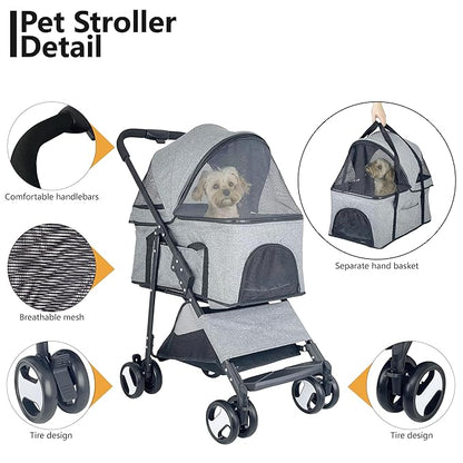 3-in-1 Dog Stroller for Medium Dogs 2 Dogs/Cats, 44lbs(Grey)
