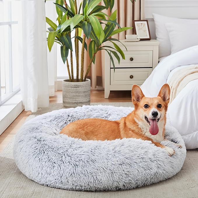 WESTERN HOME WH Calming Dog & Cat Bed, Anti-Anxiety Donut Cuddler Warming Cozy Soft Round Bed, Fluffy Faux Fur Plush Cushion Bed for Small Medium Dogs and Cats (20"/24"/27"/30")