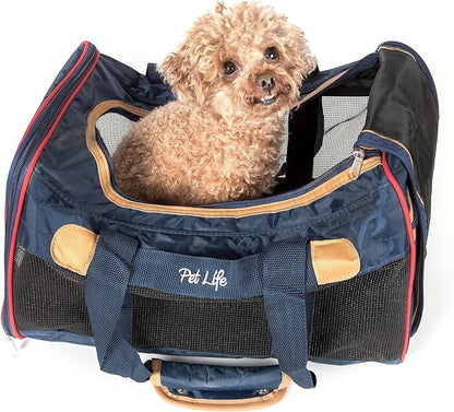 Pet Life 'Aero-Zoom' Airline Approved Pet Carrier - Folding Zippered Travel Cat and Dog Carrier - Wired Pet Crate Travel Dog Carrier Includes Over-The-Shoulder Straps and Sherpa Pet Pad