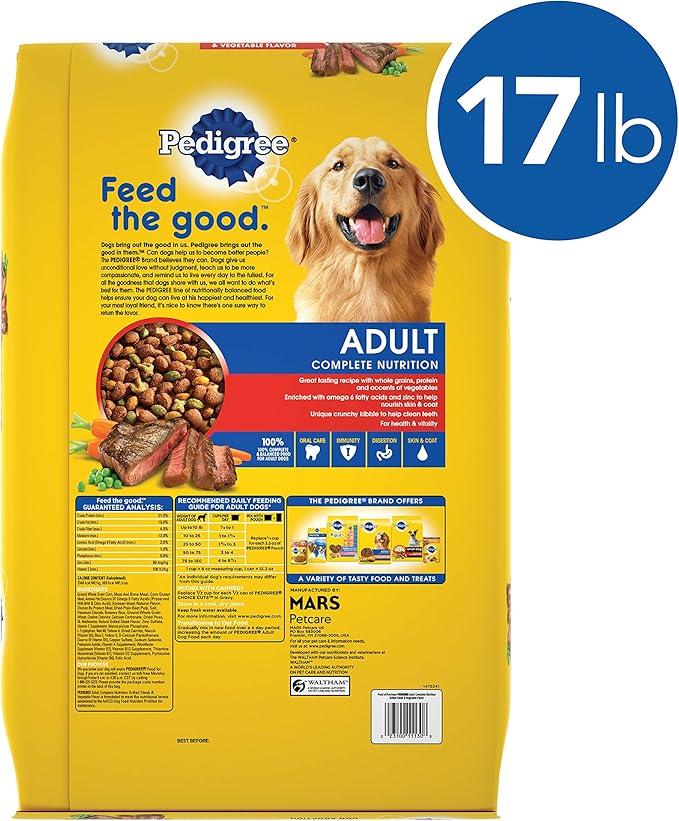 PEDIGREE Complete Nutrition Adult Dry Dog Food Grilled Steak & Vegetable Flavor Dog Kibble, 17 lb. Bag