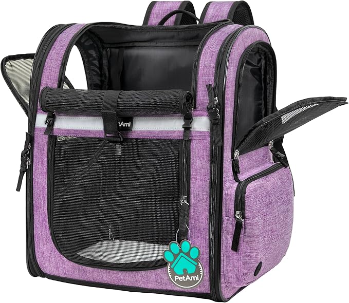 PetAmi Dog Backpack Carrier For Small Large Cat, Pet, Puppies, Ventilated Pet Hiking Backpack Travel Bag, Airline Approved Cat Backpack Carrier, Safety Back Support, Camping Biking, Max 18 lbs, Purple