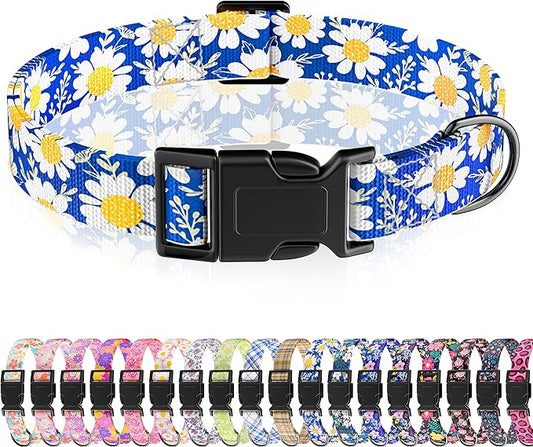 Dog Collar, Daisy Floral Puppy Collar for Boys Girls Small Medium Large Dogs, Adjustable Soft Pet Collar Fancy Floral with Quick Release Buckle for Males Females, Blue Daisy,M