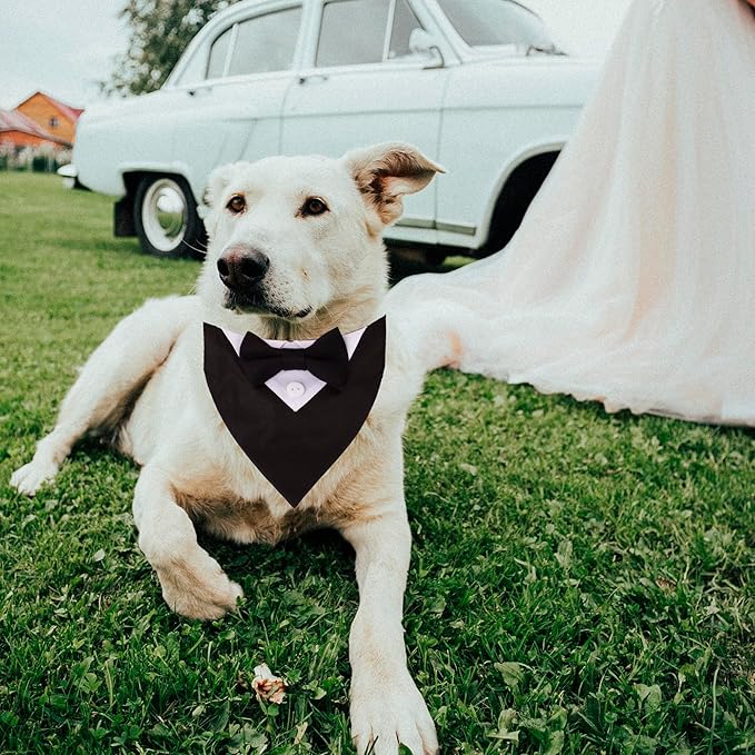 ADOGGYGO Formal Dog Tuxedo Wedding Dog Bandana Collar Dog Collar with Bow Tie Adjustable Dog Bowtie Collar Bandana for Small Medium Large Dog Pet (Small