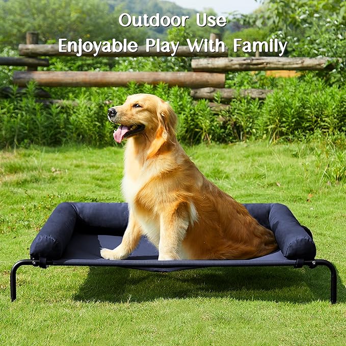 WESTERN HOME WH Elevated Dog Bed Cot, Raised Outdoor Dog Bed with Bolster for Large Dogs, Slightly Chew Proof Portable Cooling Pet Cot with Breathable Mesh, Skid-Resistant Feet, Blue, 36 inches