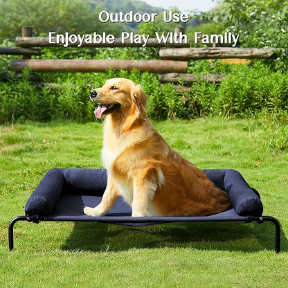 WESTERN HOME WH Elevated Dog Bed Cot, Raised Outdoor Dog Bed with Bolster for Large Dogs, Slightly Chew Proof Portable Cooling Pet Cot with Breathable Mesh, Skid-Resistant Feet, Blue, 36 inches