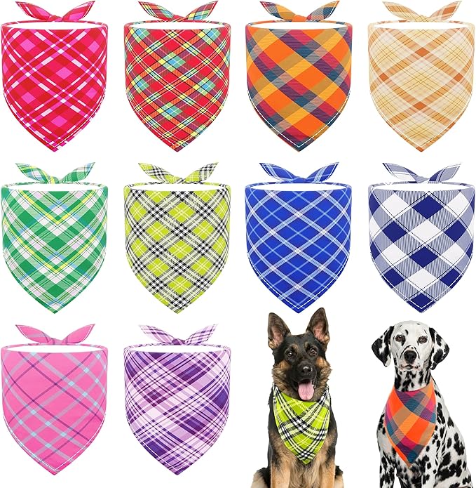 10PCS Large Dog Bandanas Plaid Large Breed XL for Extra Large Dog Big Bandanas Pack Kerchief Washable Triangle Bibs Head Scarves Scarfs Random Patterns for Boys and Girls Grooming Accessories