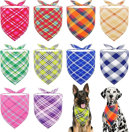 10PCS Large Dog Bandanas Plaid Large Breed XL for Extra Large Dog Big Bandanas Pack Kerchief Washable Triangle Bibs Head Scarves Scarfs Random Patterns for Boys and Girls Grooming Accessories