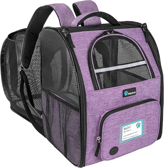 PetAmi Dog Cat Backpack Carrier, Expandable Pet Carrier Backpack for Travel Hiking, Small Medium Dog Puppy Large Cat Carrying Backpack, Airline Approved Ventilated Soft Back Support, 18 lbs, Purple