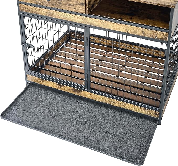 Okak Dog Crate Furniture Wooden Dog Crate Table with Drawers and Wheels Heavy Duty Dog Cage with Double Iron Doors Dog Kennel Indoor for Medium/Large Dog Brown,38.78" L