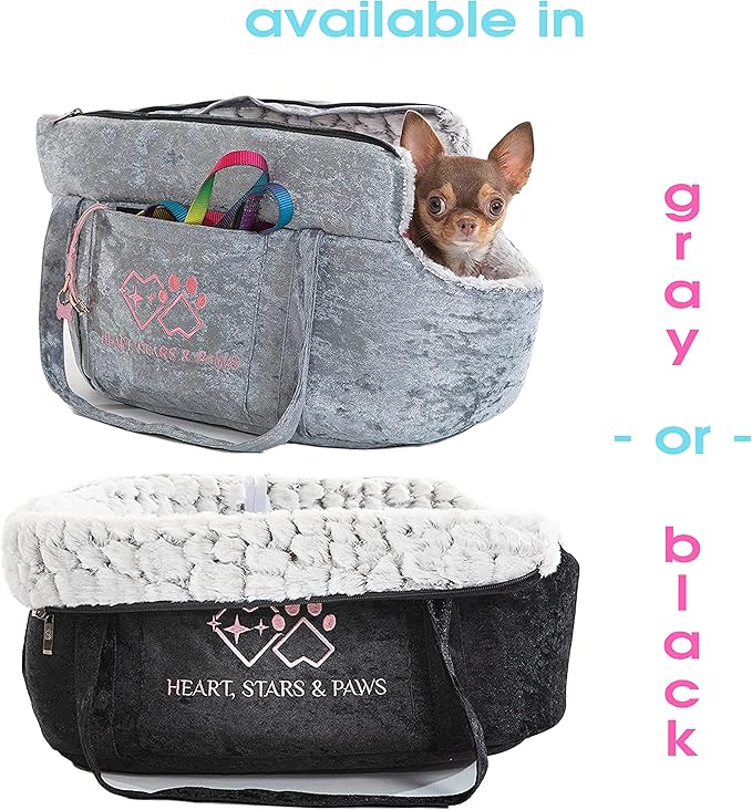 Heart, Stars and Paws Convertible Dog Bed - Pet Carriers for Small Dogs & Cats- Soft-Sided, Warm, Portable, Convenient & Secure Pet Bed, for Safe Travel & Outing (Black)