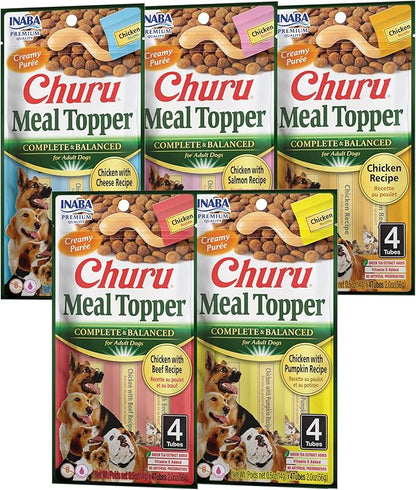 INABA Churu Meal Topper for Dogs, Complete & Balanced, Creamy, Lickable Purée Dog Food Topper, 0.5 Ounce Tube, 20 Tubes (4 per Pack), 5 Flavor Variety