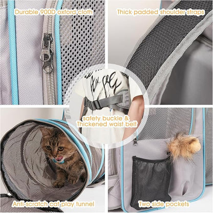 Cat Backpack Carrier with Litter Box, Expandable Portable Cat Carrier Backpack with Cat Tunnel, Cat Travel Carrier with Litter Box, up to 20 lb to Road Trip, Camping, Hiking, Grey