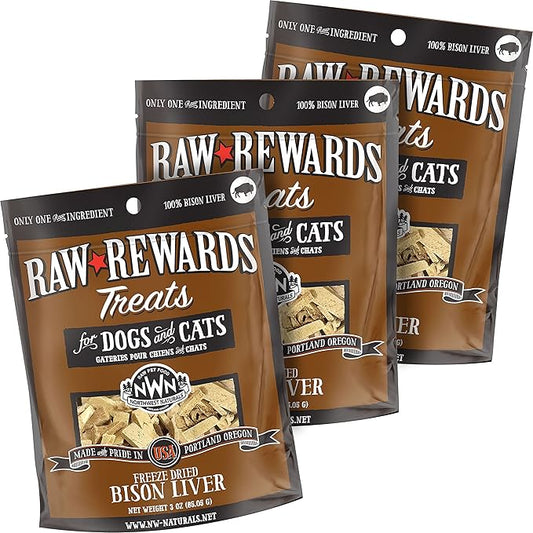 Northwest Naturals Raw Rewards Freeze-Dried Bison Liver Treats for Dogs and Cats - Bite-Sized Pieces - Healthy, 1 Ingredient, Human Grade Pet Food, All Natural - 3 Oz (Pack of 3) (Packaging May Vary)