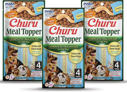 INABA Churu Meal Topper for Dogs, Complete & Balanced, Creamy, Lickable Purée Dog Food Topper, 0.5 Ounce Tube, 12 Tubes (4 per Pack) Chicken with Cheese Recipe