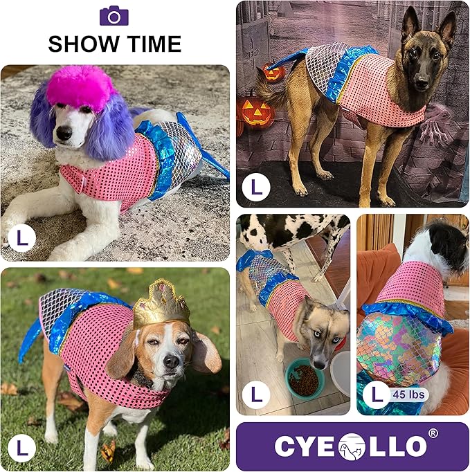 cyeollo Mermaid Dog Halloween Costumes Cute Dog Costume Sequin Birthday Party Dog Clothes Outfit Dressing Up Pet Costumes for Medium Dogs Size L