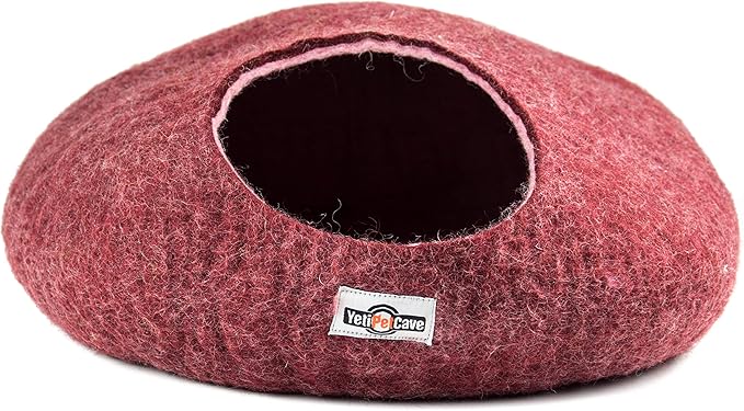 Yeti Pet Cave Pet Bed for Cats and Small Dogs, 100% New Zealand Wool, Burgundy