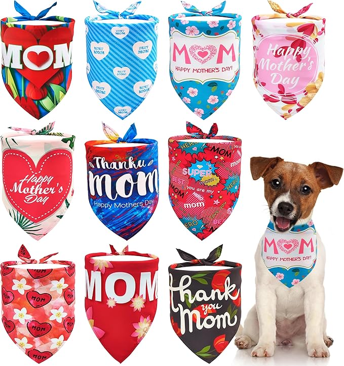 10PCS Mother’s Day Dog Bandanas for XXS XS Small Girl Boy Puppy Doggie“Best Mom” “Super Mom” “ I Love Mom” “ Happy Mother’s Day” Pink Blue Yellow Tie Dye Floral Grooming Accessories