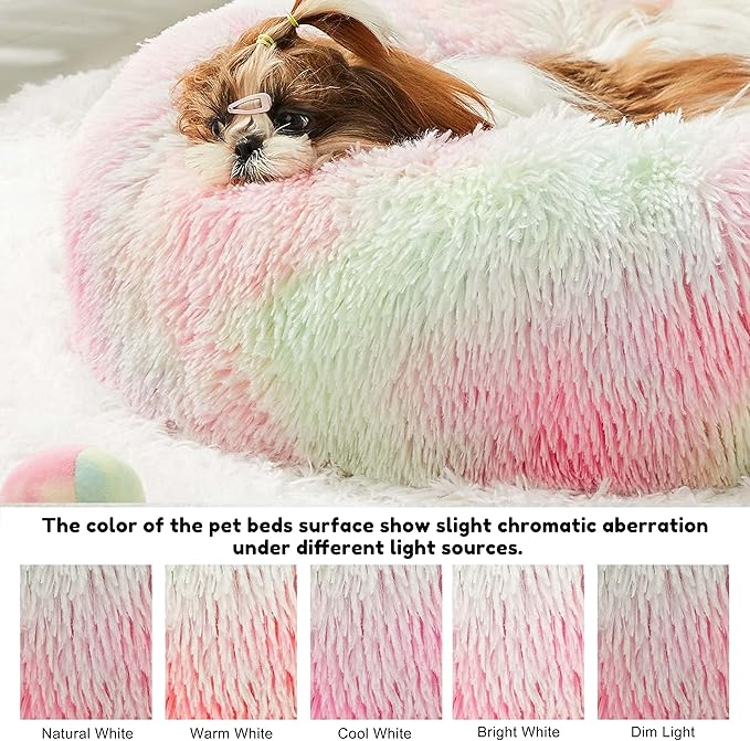 Western Home Faux Fur Dog Bed & Cat Bed, Original Calming Dog Bed for Small Medium Large Pets, Anti Anxiety Donut Fluffy Cuddler Round Warm Washable Cat Bed for Indoor Cats(27", Rainbow)