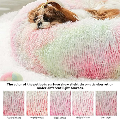 Western Home Faux Fur Dog Bed & Cat Bed, Original Calming Dog Bed for Small Medium Large Pets, Anti Anxiety Donut Fluffy Cuddler Round Warm Washable Cat Bed for Indoor Cats(27", Rainbow)