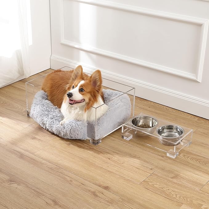 DBD2001A-2SET Billie 24" x 15.75" Small Modern Calming Fluffy Pet Bed with Washable Cushion and 4" Elevated Pet Feeder with 27 oz 2-Stainless Steel Bowls 2)